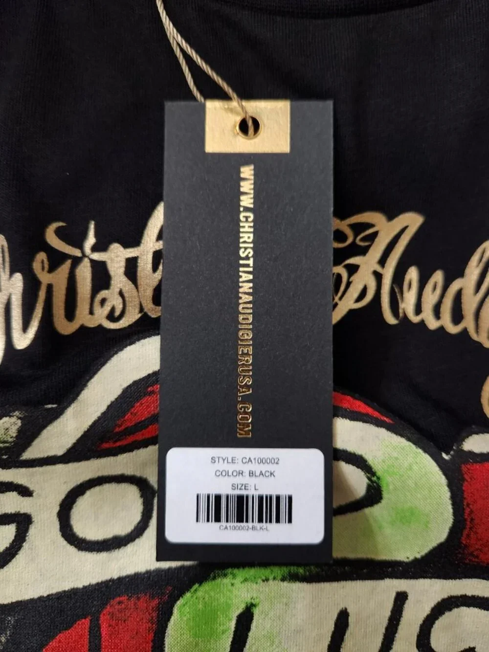 Christian Audigier Good Luck Shirt Large Black Crew Neck Graphic Rhinestones New